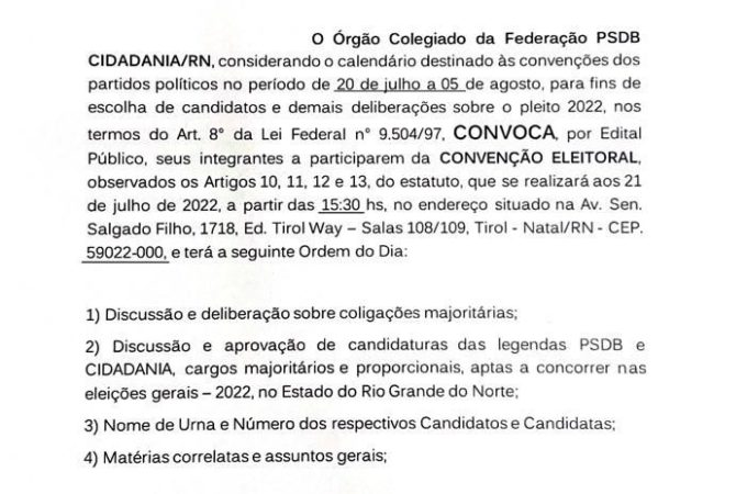 Federação PSDB/Cidadania fará convenção cartorial nesta quinta-feira em Natal